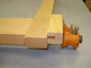 Putting Slotted Blocks Under Clamp .  This is Necessary When Joints are Approximately 1/4" Open, as Tenons Need to Project Through Stiles into Slots